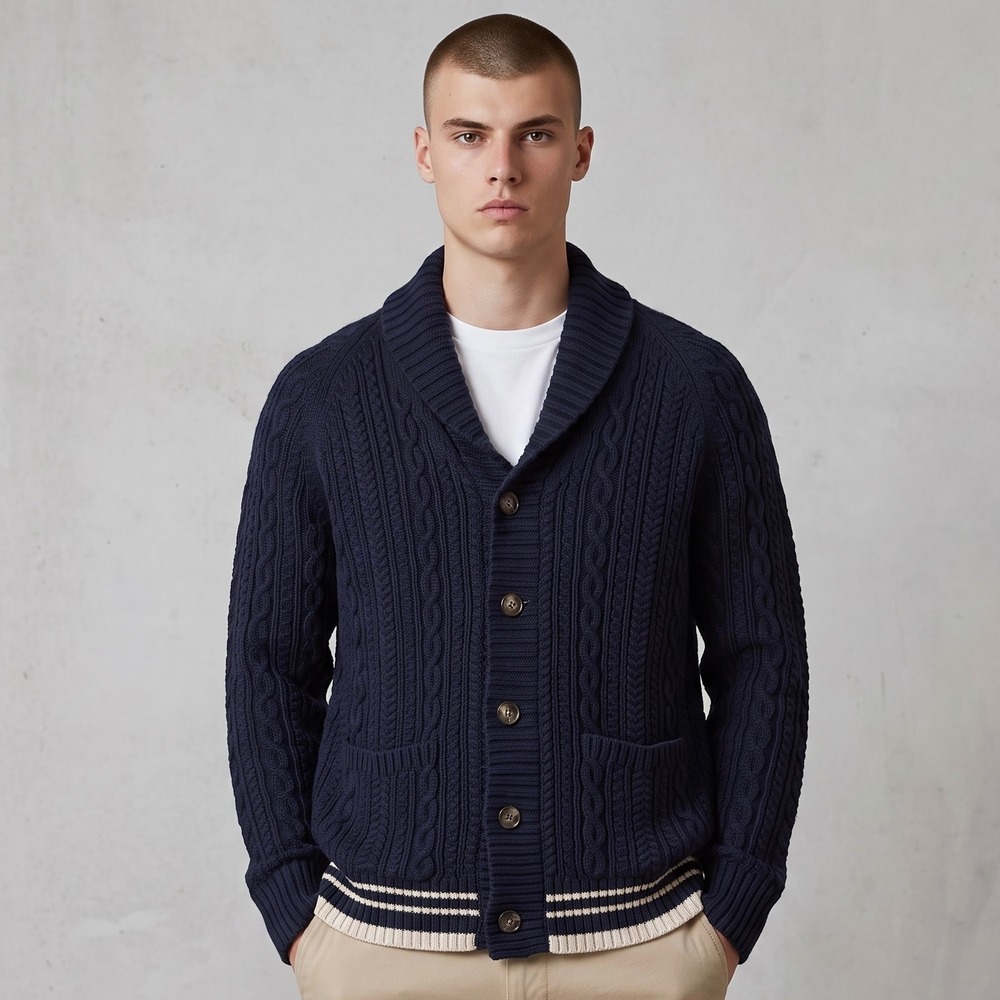 J.Crew Organic Cotton Cable Knit Shawl Cardigan Sweater Medium BG926 Navy Tipped